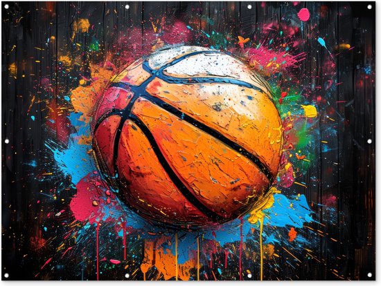 Tuinposter 160x120 cm - Tuindecoratie - Graffiti - Basketbal - Verf - Sport - Street art - Poster voor in de tuin - Buiten decoratie - Schutting tuinschilderij - Muurdecoratie - Buitenschilderijen - Tuindoek - Buitenposter..