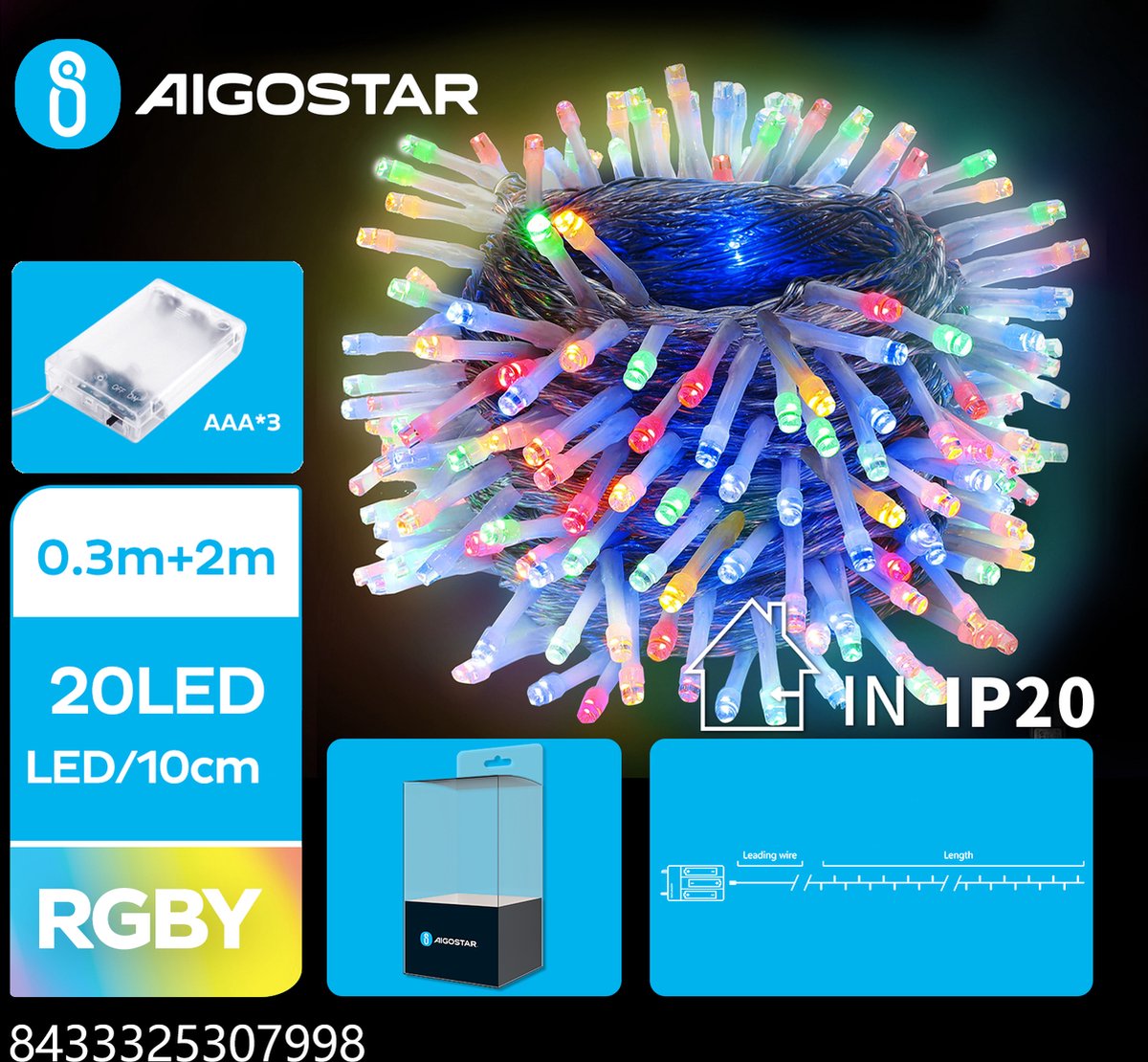 Aigostar - LED Kerstslinger - 20 LEDS - 2700K - RGB lampjes - 2 meter - IP44 - 3x AAA batterij