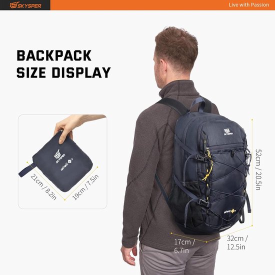 SKYSPER Opvouwbare Rugzak 20L Ultra-lichte Dagrugzak Daypack Wandelrugzak Reisrugzak voor Kamperen, Outdoor, Wandelen en Reizen