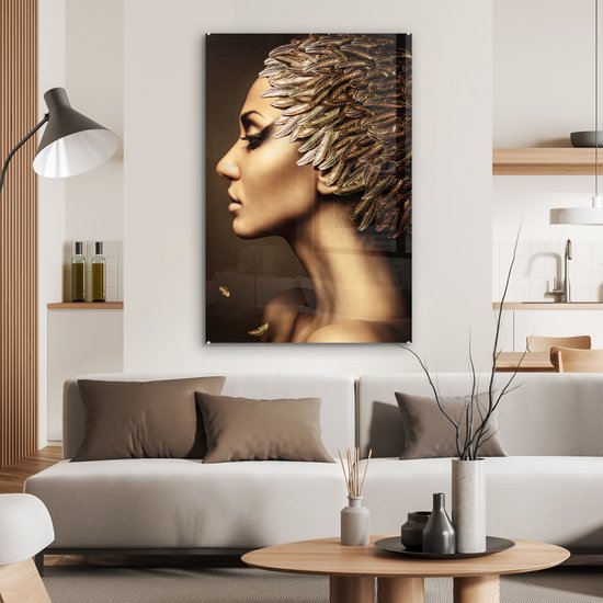 MuchoWow® Peinture sur verre 80x120 cm - Peinture sur verre - Femme - Abstrait - Or - Portrait - Photo sur verre acrylique - Décoration murale salon - Décoration murale chambre - Peintures