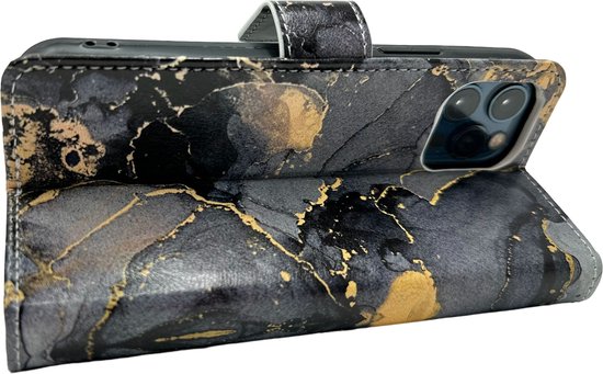 HEM Stylish Book Case (geschikt voor S24) Samsung S24 hoesje met 3 pasjesuitsnedes + fotovakje - Portemonneehoesje - pasjeshouder - Marble Blauw/Goud