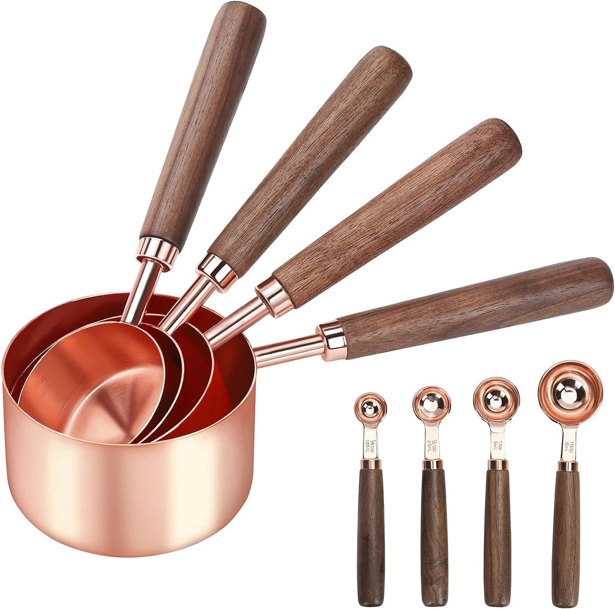 Maatlepels en maatbekerset, 8-delig, premium roestvrij staal spiegelgepolijst, 4 maatbekers met houten handvat, 4 maatlepels met houten handvat, perfect voor droge en vloeibare ingrediënten Bakkeuken (roségoud)