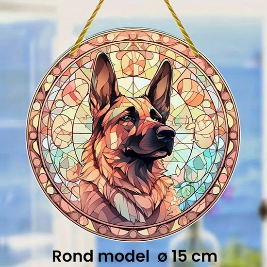 Raamhanger Raamdecoratie Herdershond - Kleurige Zonnevanger Rond Acryl met Ophangtouw - Honden Duitse Herder - Suncatcher Rond model 15 cm %%