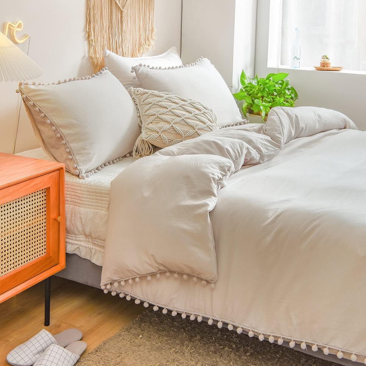 Beddengoed, 220 x 240 cm, 3-delig, beige, pompon, bohemien, beddengoedsets, gewassen microvezel, zacht, omkeerbaar beddengoed, boho-chic, dekbedovertrek met ritssluiting en 2 kussenslopen, 80