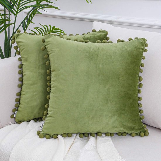 Set van 2 fluwelen kussenhoezen 55 x 55 cm, groene kerst met pompons, effen kussenhoezen, decoratieve kussenhoes, decoratief kussen, bankkussen voor bank, slaapkamer, kantoor, auto