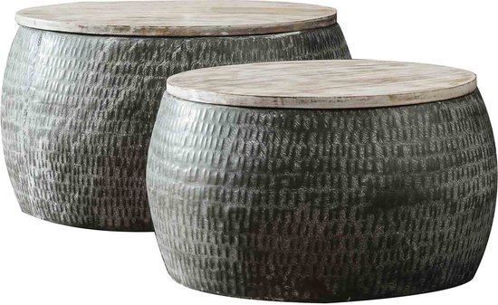 Salontafelset 2-delig rond | grijs gepatineerd mango hout | Ø 50/Ø 60 cm | 61x61x32,5 cm | modern industrieel ontwerp | woonkamer
