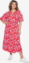 EVIVA - Lange jurk met riem, v-hals en bloemenprint - rood, blauw