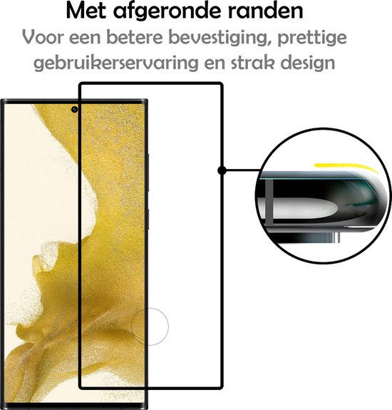 Schermprotector met tekst 'Met afgeronde randen' en 'Voor een betere bevestiging, prettige gebruikerservaring en strak design'.