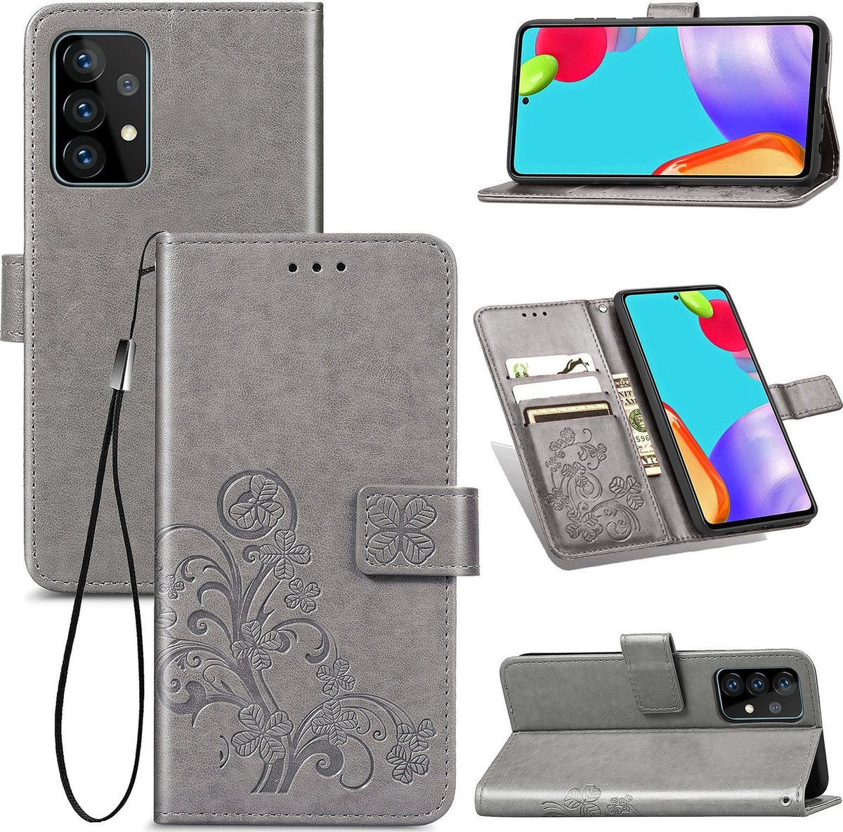 Mobigear Telefoonhoesje geschikt voor Samsung Galaxy A52 Hoesje | Mobigear Clover Bookcase Portemonnee | Pasjeshouder voor 3 Pasjes | Telefoonhoesje voor Pinpas / OV Kaart / Rijbewijs - Grijs