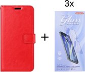 Motorola Moto E20 / E30 / E40 - Bookcase Rood - portemonee hoesje met 3 stuk Glas Screen protector
