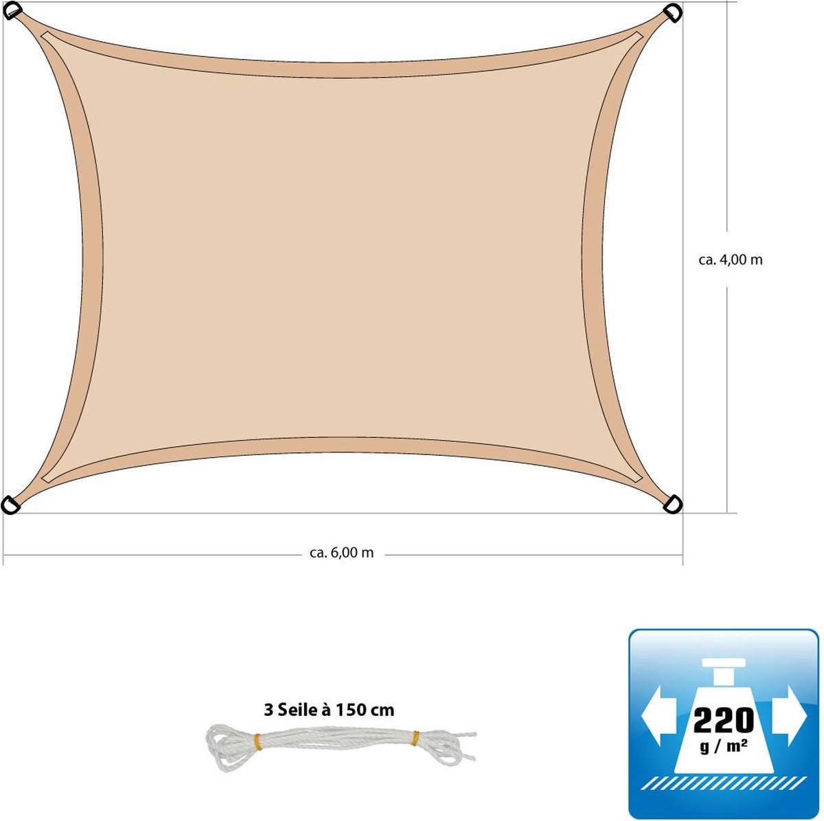 Laneetal Zonnezeil, 2 x 2 m, rechthoekig, vierkant, 160 g/m², polyester, zonwering, schaduwgever, uv-bescherming voor tuin, balkon, terras, grijs