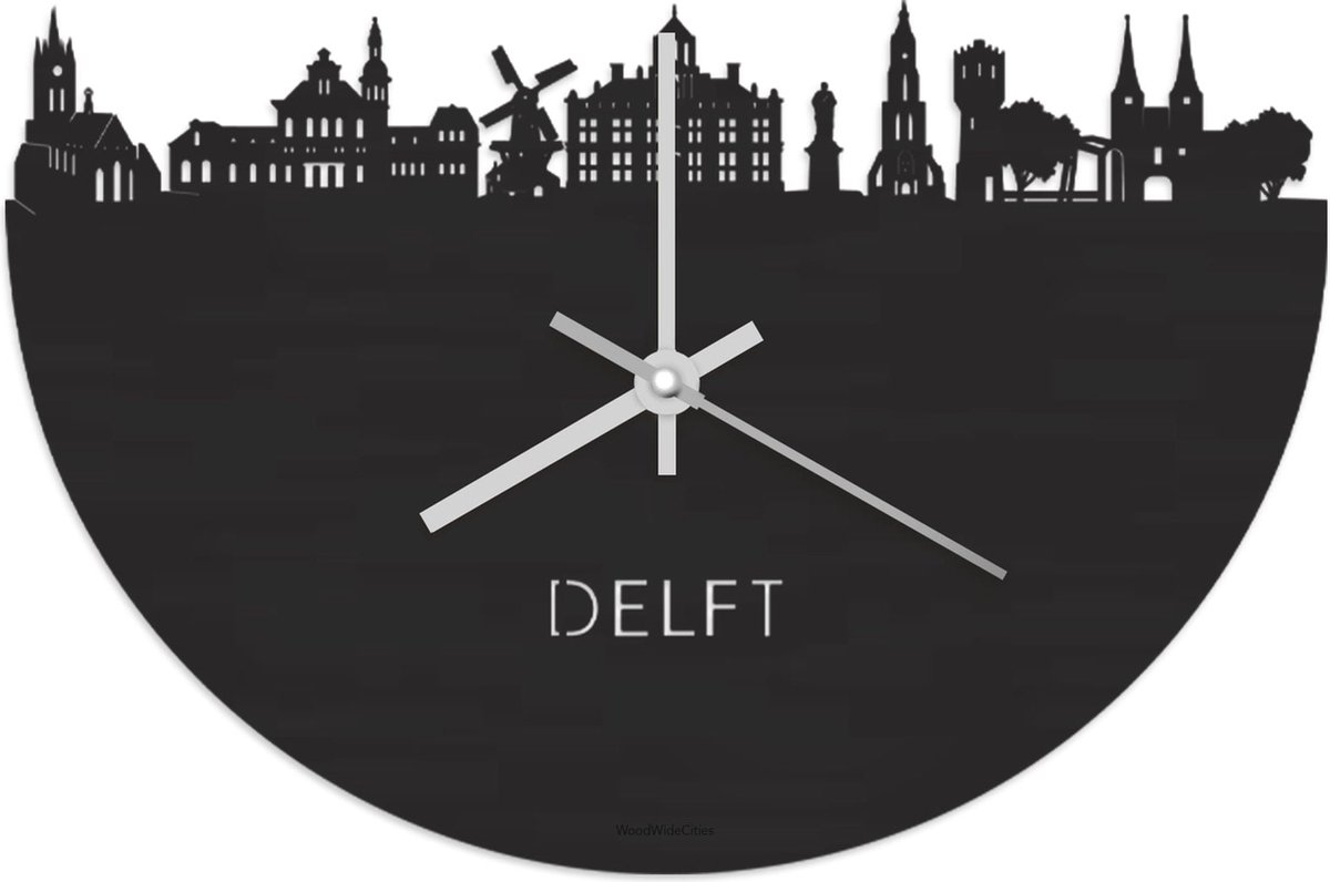 Skyline Klok Delft Zwart hout - Ø 40 cm - Stil uurwerk - Wanddecoratie - Meer steden beschikbaar - Woonkamer idee - Woondecoratie - City Art - Steden kunst - Cadeau voor hem - Cadeau voor haar - Jubileum - Trouwerij - Housewarming - WoodWideCities