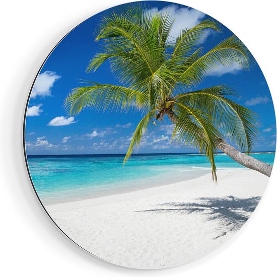 Artaza Dibond Muurcirkel Tropisch Strand Met Een Palmboom - Ø 60 cm - Wandcirkel - Rond Schilderij - Voor Binnen en Buiten