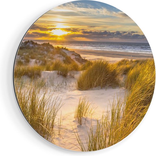 Artaza Dibond Muurcirkel Strand En Duinen Tijdens Zonsondergang - Ø 90 cm - Groot - Wandcirkel - Rond Schilderij - Voor Binnen en Buiten