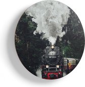 Artaza Houten Muurcirkel - Locomotief in de Bossen met Stoom Wolken  - Ø 65 cm - Multiplex Wandcirkel - Rond Schilderij