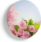 Artaza Houten Muurcirkel - Boeket Roze Rozen Bloemen - Ø 65 cm - Multiplex Wandcirkel - Rond Schilderij