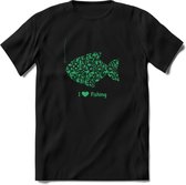 I Love Fishing - Vissen T-Shirt | Groen | Grappig Verjaardag Vis Hobby Cadeau Shirt | Dames - Heren - Unisex | Tshirt Hengelsport Kleding Kado - Zwart - 3XL