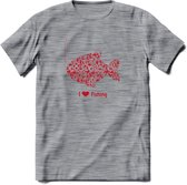 I Love Fishing - Vissen T-Shirt | Rood | Grappig Verjaardag Vis Hobby Cadeau Shirt | Dames - Heren - Unisex | Tshirt Hengelsport Kleding Kado - Donker Grijs - Gemaleerd - M