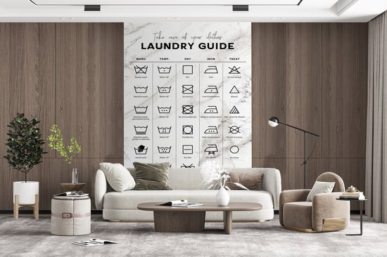 Behang - Fotobehang Wassymbolen - Wasvoorschriften - Marmer - Breedte 170 cm x hoogte 260 cm - Cadeau voor vrouw - Cadeau voor man