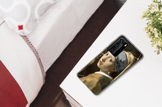 Telefoonhoesje Geschikt voor Huawei P40 Pro hoesje - Meisje met de parel - Marmer print - Goud - Siliconen Telefoonhoesje Telefoonhoesje