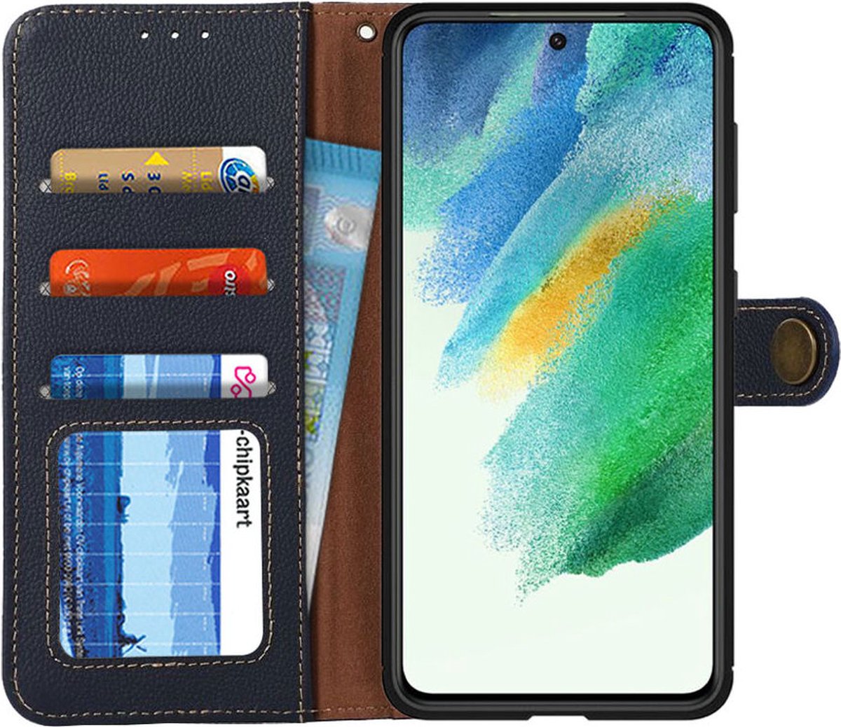 Hoesje RFID Portemonnee Bookcase Echt Leer Blauw Geschikt voor Samsung Galaxy S21 FE