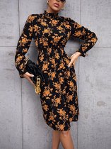 MKL - Dames jurk - Feestelijk elegant chic - Midi jurk - Boho Goude bloemen Jurk - Zomerjurk met lange mouwen - Kleur Zwart en goud kleur - Casual Bloemen Jurk Knoop - Kniehoogte Maat S