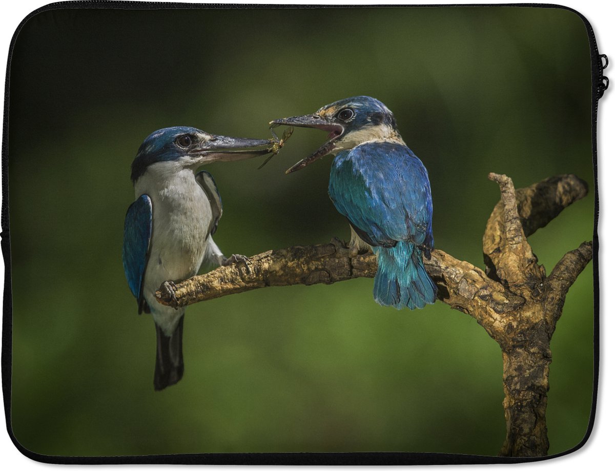 Laptophoes 17 inch - Vogels - IJsvogel - Tak - Laptop sleeve - Binnenmaat 41x28 cm - Zwarte achterkant