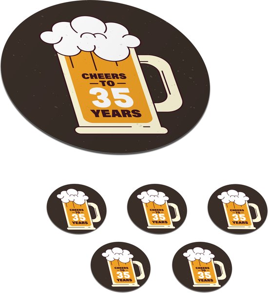 Sous-verres pour verres - Ronds - Bières - Anniversaire - 35 ans - 10x10 cm - Sous-verres en verre - 6 pièces