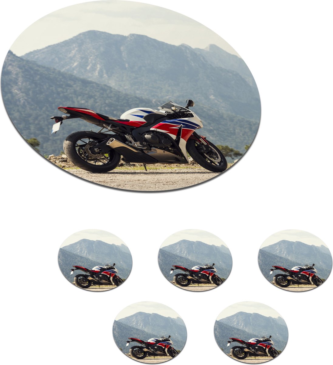 Onderzetters voor glazen - Rond - Motor - Wit - Rood - 10x10 cm - Glasonderzetters - 6 stuks