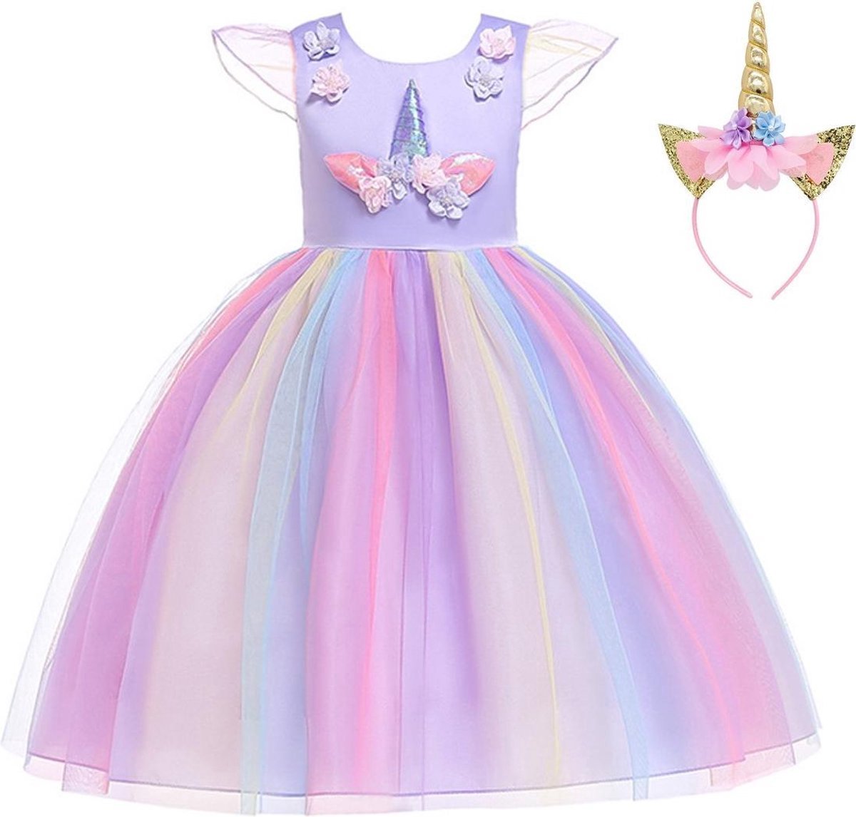 Joya Kids® Paarse Eenhoorn Verkleed Jurk Set | Unicorn Jurk kostuum | Prinsessen jurk verkleedjurk + Haarband | (120) | Cadeau meisje — afbeelding 9