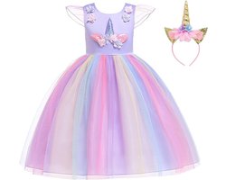 foto van Joya Kids® Paarse Eenhoorn Verkleed Jurk Set | Unicorn Jurk kostuum | Prinsessen jurk verkleedjurk + Haarband | Maat 116-122 (120) | Cadeau meisje