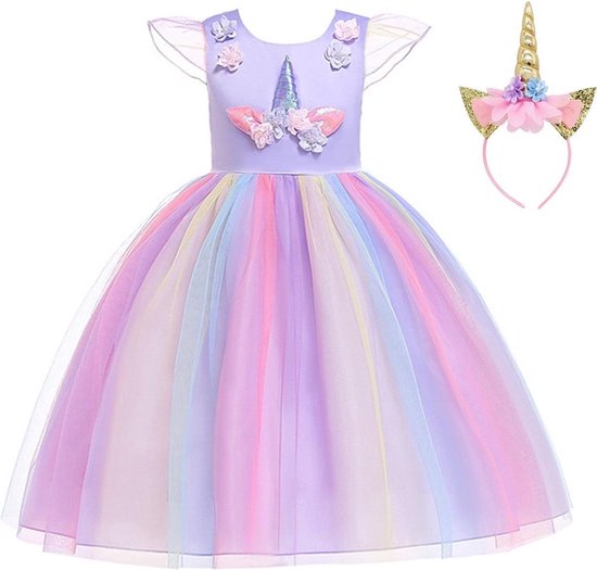 Joya Kids® Paarse Eenhoorn Verkleed Jurk Set | Unicorn Jurk kostuum | Prinsessen jurk verkleedjurk + Haarband | Maat 116-122 (120) | Cadeau meisje