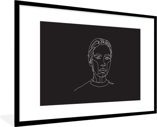 Photo dans le cadre - l' art Line visage féminin émotionnel sur un cadre photo fond noir noir avec monture 60x90 90x60 cm - affiche dans le cadre (Décoration murale salon / chambre à coucher)