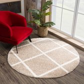 Tapijtenloods Madrid Shaggy Rond Geruit Vloerkleed Beige Creme Hoogpolig - 120 CM ROND