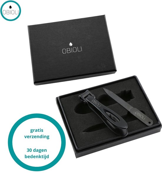 Obioli ™ Nagelknipper Set - Luxe Cadeau Doos voor Mannen en Vrouwen - Nageltang - Nagelschaar - Kalknagels - Teennagel - Met Nagelvijl - Zwart - Groot - Gift box