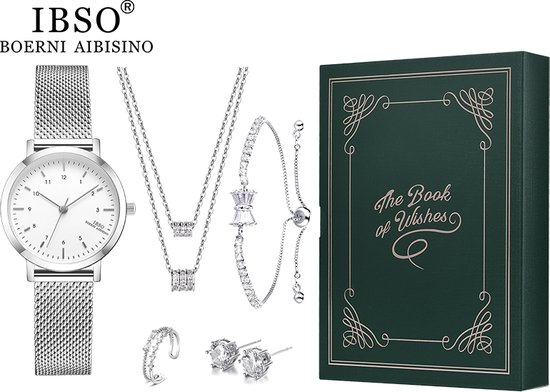 Boerni Aibisino  Premium Horloge, Ring, Armband, oorbellen en Ketting | Z0112 | Zilver luxe geschenk set| Crystal glass | Premium kwaliteit uurwerk Quartz Japan | Mineraal | Geschenk | Fashion Elegant | Dames | Vrou