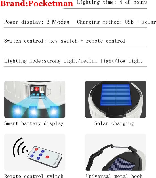 Lampe de camping Solar à LED avec port USB, câble de charge et télécommande - 3 modes d'éclairage et étanche - Wit