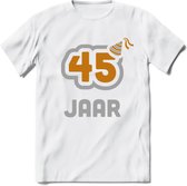 45 Jaar Feest T-Shirt | Goud - Zilver | Grappig Verjaardag Cadeau Shirt | Dames - Heren - Unisex | Tshirt Kleding Kado | - Wit - L