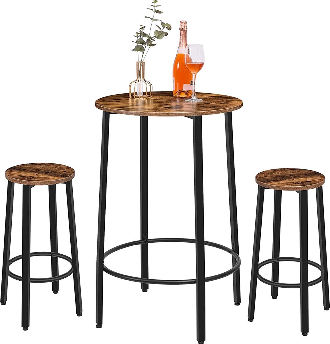 ACAZA Set van 2 Barkrukken met Voetsteun - Industriële houten hoge Stoelen voor