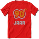 90 Jaar Feest T-Shirt | Goud - Zilver | Grappig Verjaardag Cadeau Shirt | Dames - Heren - Unisex | Tshirt Kleding Kado | - Rood - 3XL