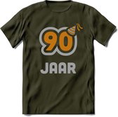 90 Jaar Feest T-Shirt | Goud - Zilver | Grappig Verjaardag Cadeau Shirt | Dames - Heren - Unisex | Tshirt Kleding Kado | - Leger Groen - L