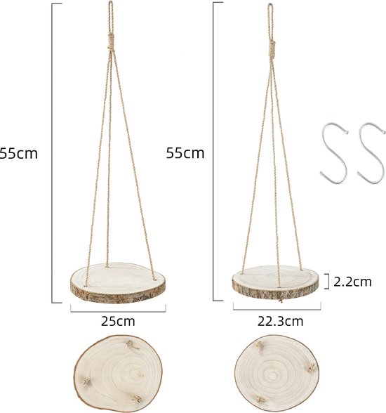 Set Van 2 Boomstam Rond Wandrek Plantenhangers - Boho Jute Houten Plantenrek - Hangpot voor Binnen/Buiten - Hangende Bloempot Plank - Hangplant Houder - Bohemian Macrame Stijl Wandhanger - Hangplank Plant Hanger - Planthanger - Ø Rond 25-20cm