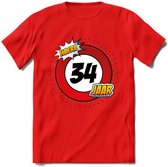 34 Jaar Hoera Verkeersbord T-Shirt | Grappig Verjaardag Cadeau | Dames - Heren | - Rood - 3XL
