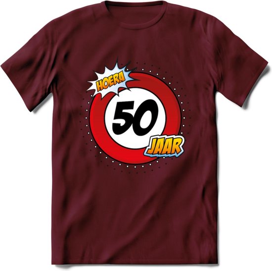 Foto: 50 jaar hoera verkeersbord t shirt grappig abraham verjaardag cadeau dames heren burgundy xxl