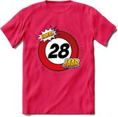 28 Jaar Hoera Verkeersbord T-Shirt | Grappig Verjaardag Cadeau | Dames - Heren | - Roze - XL