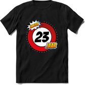 23 Jaar Hoera Verkeersbord T-Shirt | Grappig Verjaardag Cadeau | Dames - Heren | - Zwart - XL