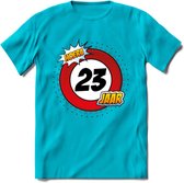 23 Jaar Hoera Verkeersbord T-Shirt | Grappig Verjaardag Cadeau | Dames - Heren | - Blauw - XL