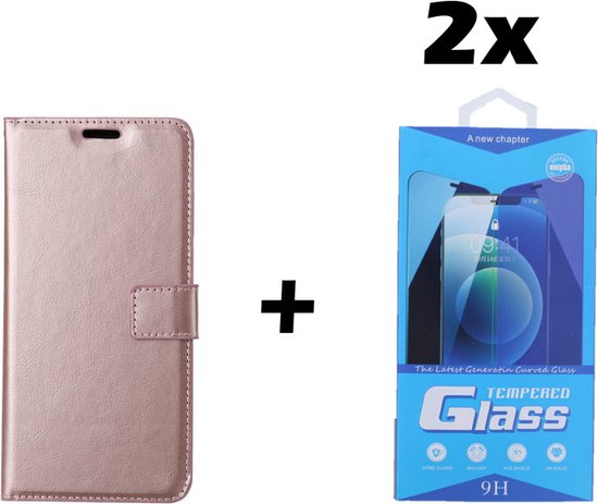 Étui de téléphone doré rose et un emballage avec une protection d'écran 'Tempered Glass'.