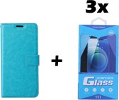 Samsung Galaxy A21s Telefoonhoesje - Bookcase - Ruimte voor 3 pasjes - Kunstleer - met 3x Tempered Screenprotector - SAFRANT1 - Turquoise