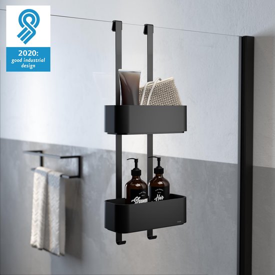 Étagère de douche noire Tiger 2-Store avec distributeurs de savon et panier, suspendue à un mur de douche.